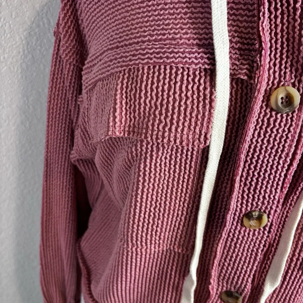 Reborn J PinkRibbed Knit  Button Up‎ Jacket W/ Contrast Hood M Soft Warm Pockets